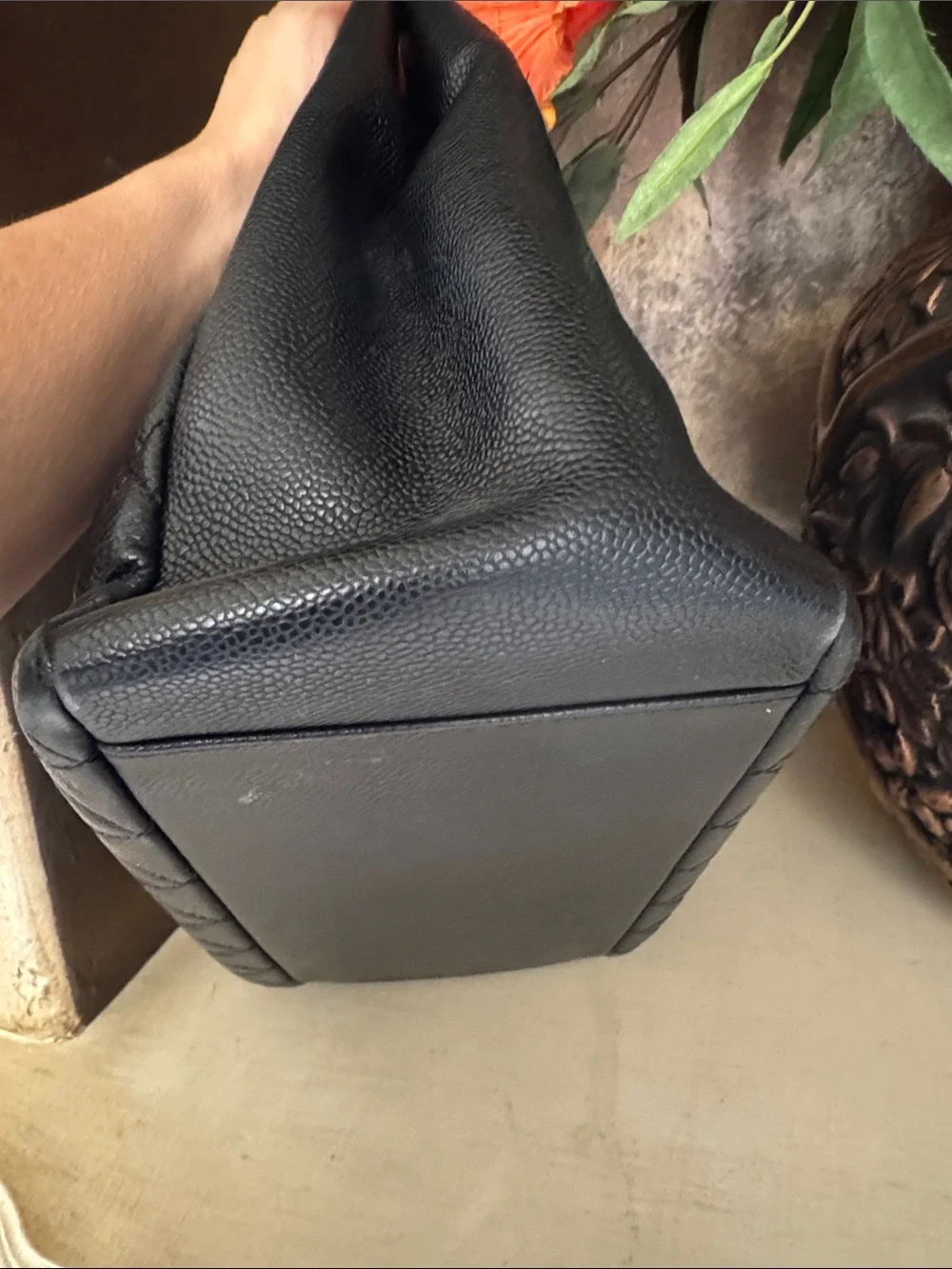 CHANEL Black Quilted Caviar Leather Tote with Chain-Strap